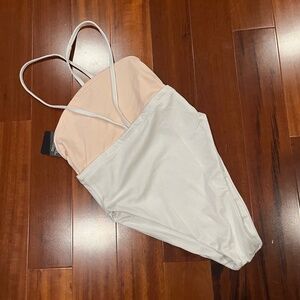 New NWT Girls On Swim Cream Swimsuit Colorblock‎ One Piece Hi Cut Swim Size XS